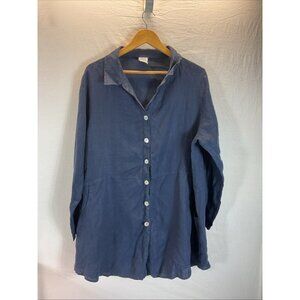MATCH POINT 100% LINEN Navy Blue pockets button front tunic‎ size XL Oversized